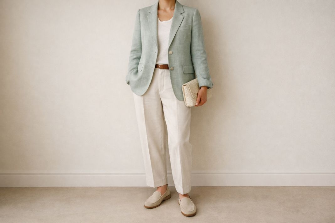 A photo of a gender neutral soft green tailored jacket and cream trousers