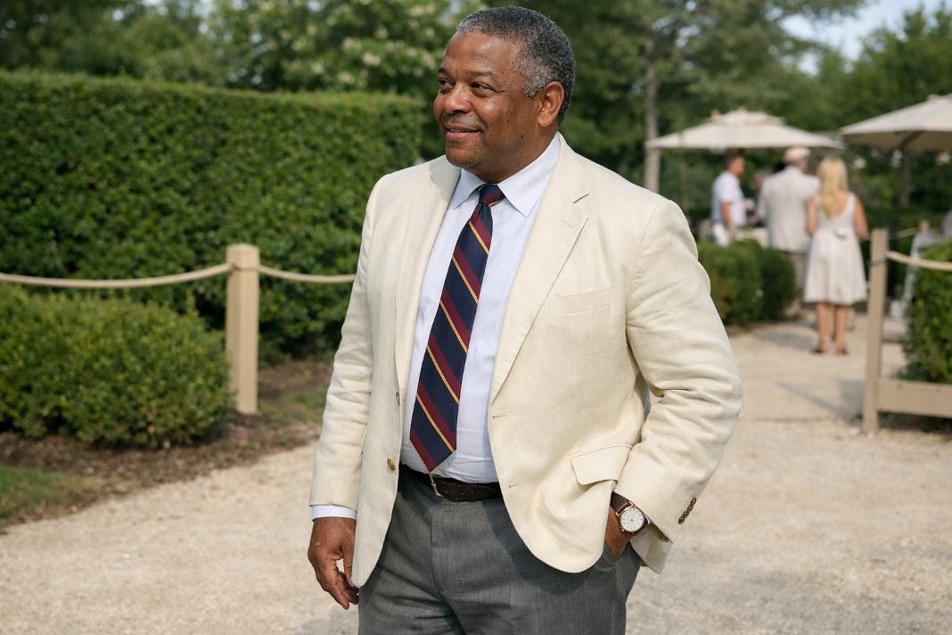 An illustrative image of a cream summer blazer, crisp white shirt, club-style tie, mid-grey tailored trousers