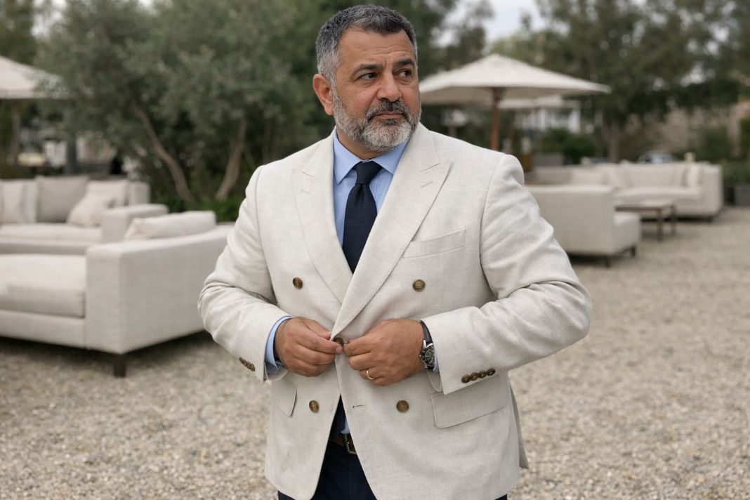 An illustrative image of a double-breasted stone blazer