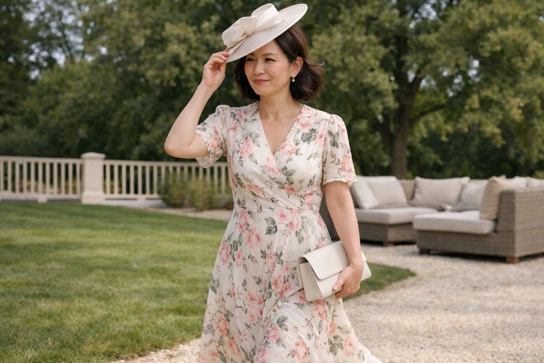 An illustrative image of a floral midi dress with sleeves, a sculptural hat