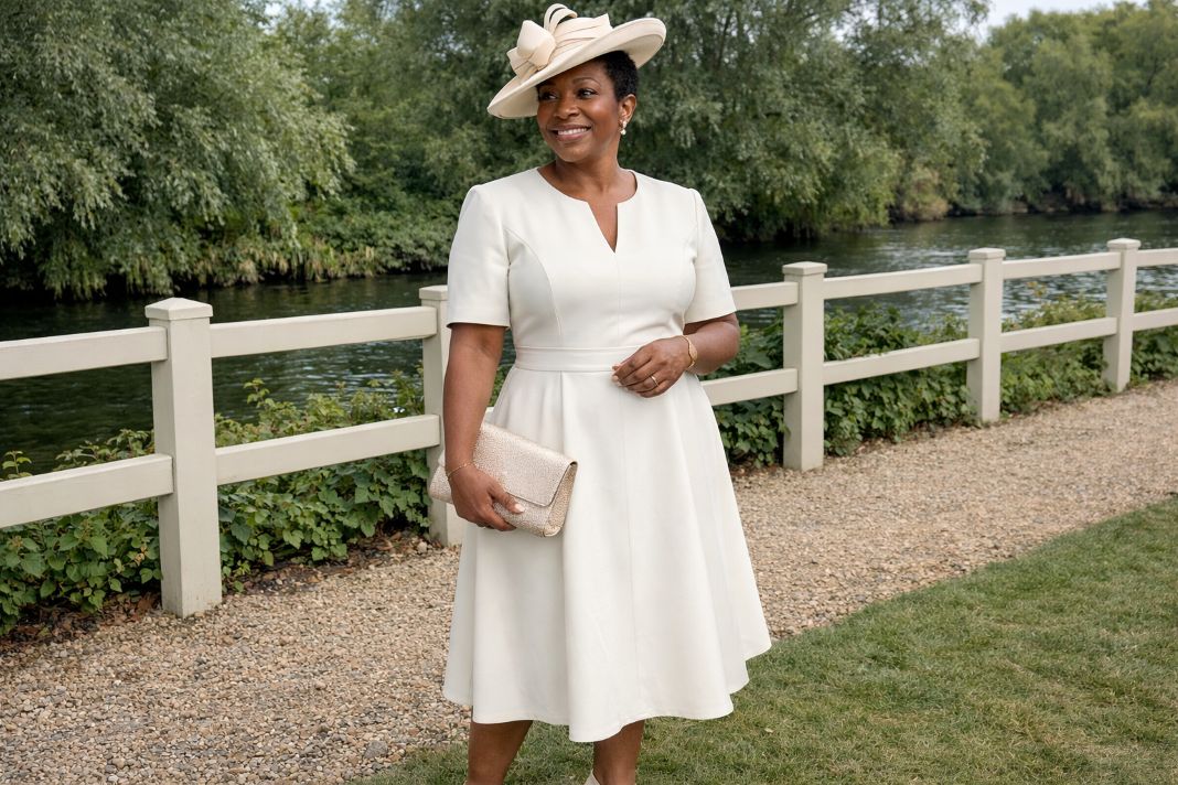 An illustrative image of a ivory midi dress with sleeves, a defined waist, a refined structured hat