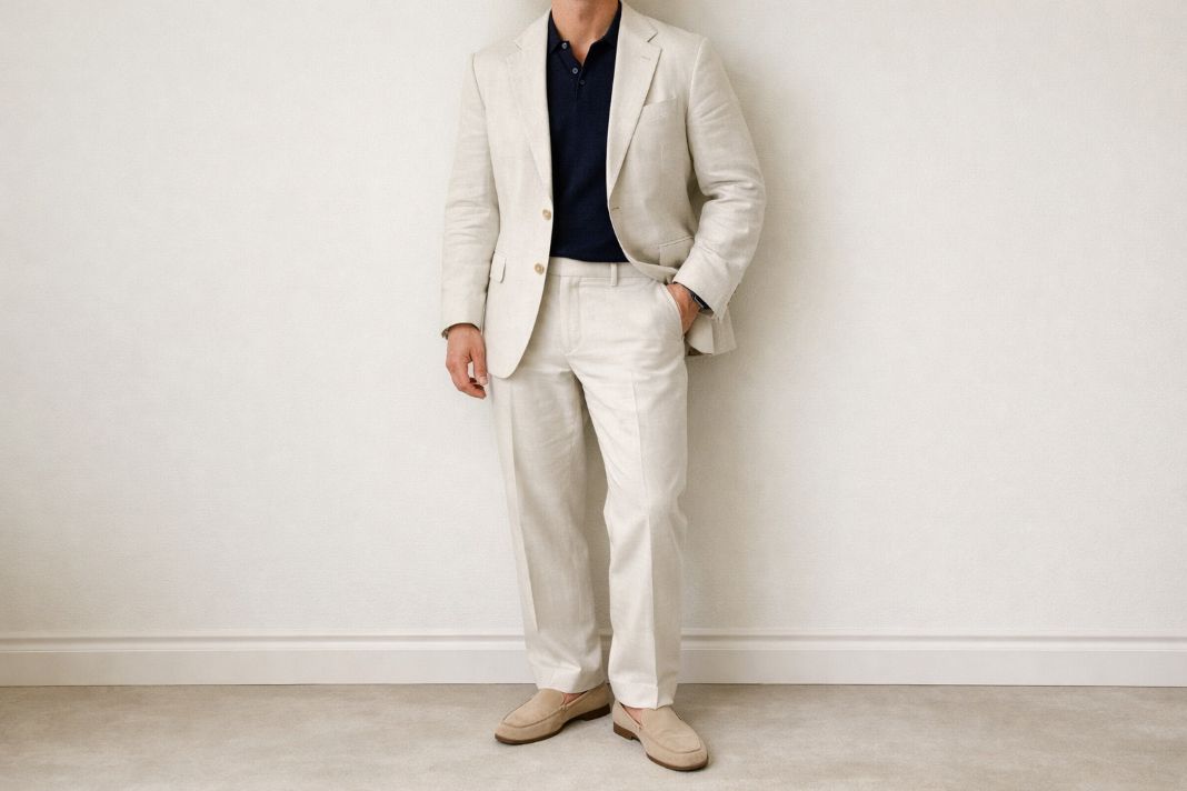 An illustrative image of a lightweight blazer a premium shirt and tailored trousers