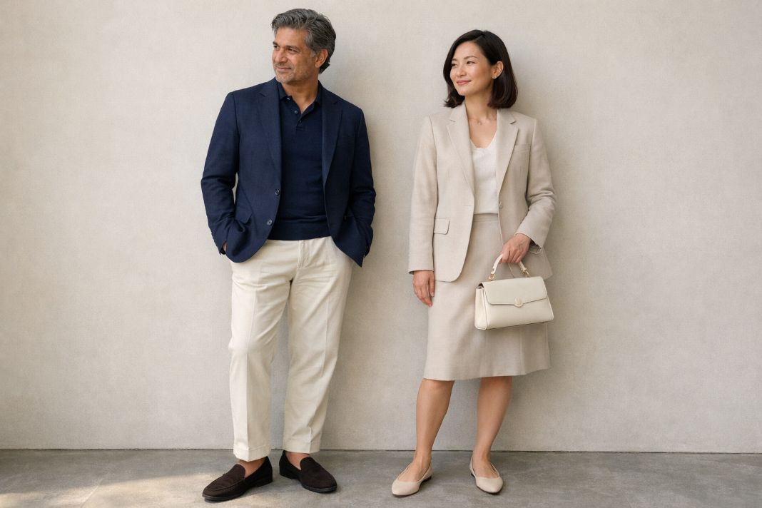 An-illustrative-image-of-a-man-and-woman-wearing-refined-Wimbledon-smart-casual-tailored-separates