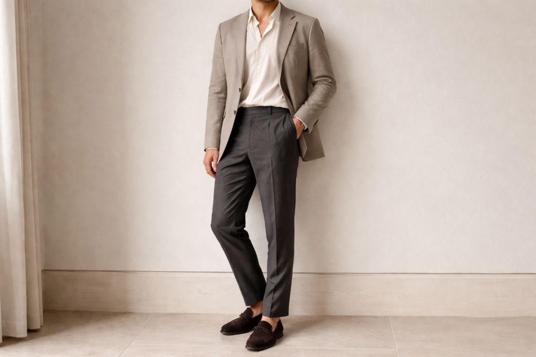 An illustrative image of a tailored blazer in light taupe and a white shirt with tailored trousers