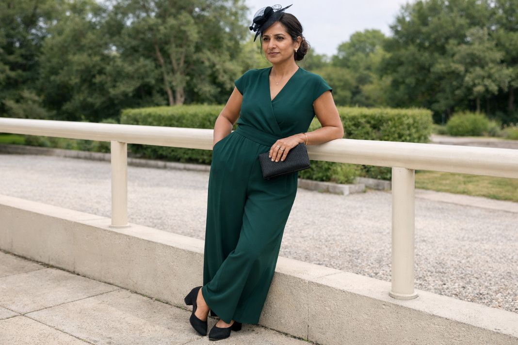 An illustrative image of a tailored deep green jumpsuit with wide legs