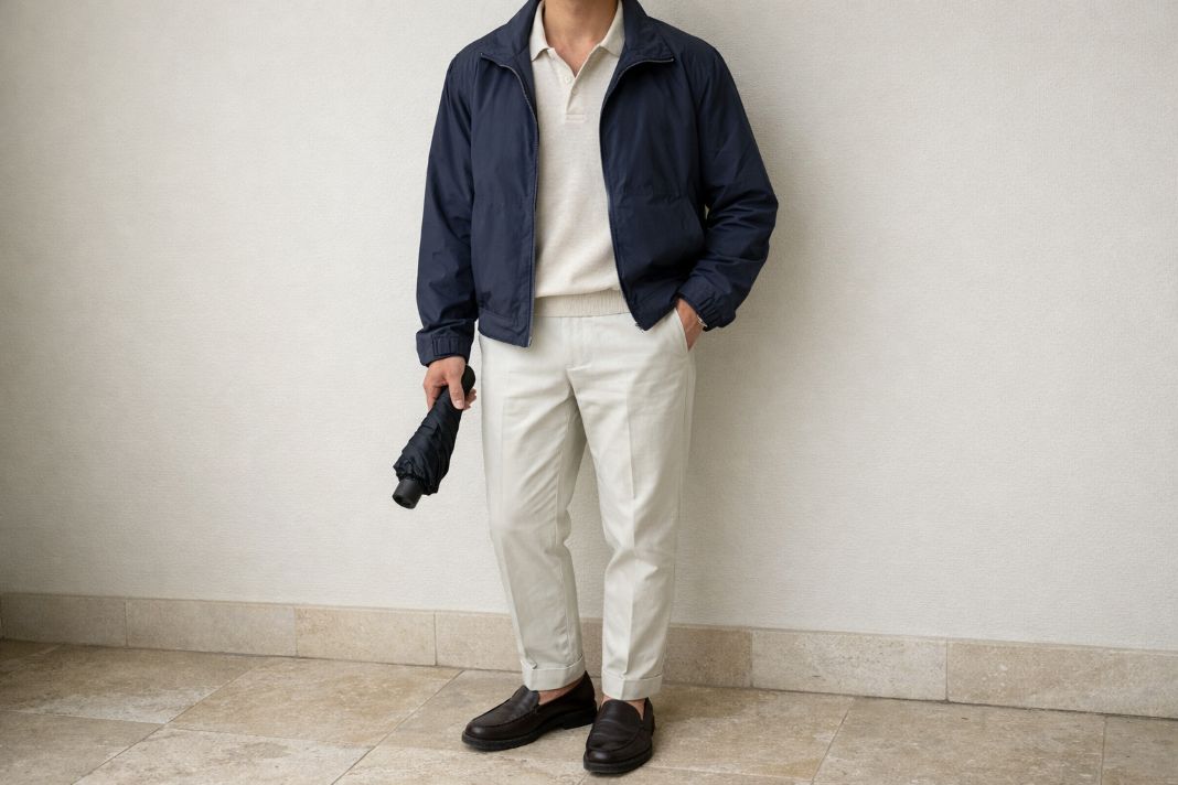 An illustrative image of a weather-ready Wimbledon smart casual outfit