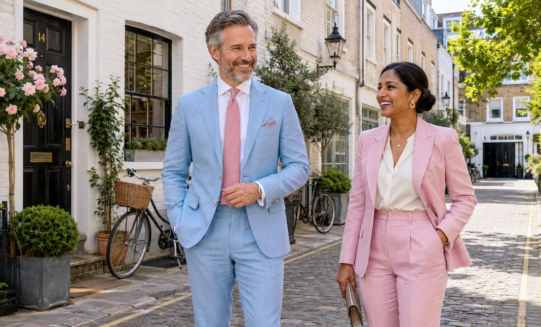 A light blue tailored suit and a blush pink trouser suit showcase luxury custom tailoring, demonstrating how bespoke and made-to-measure garments provide superior fit, refined craftsmanship and long-term wardrobe value. A light blue tailored suit and a blush pink trouser suit showcase luxury custom tailoring, demonstrating how bespoke and made-to-measure garments provide superior fit, refined craftsmanship and long-term wardrobe value.