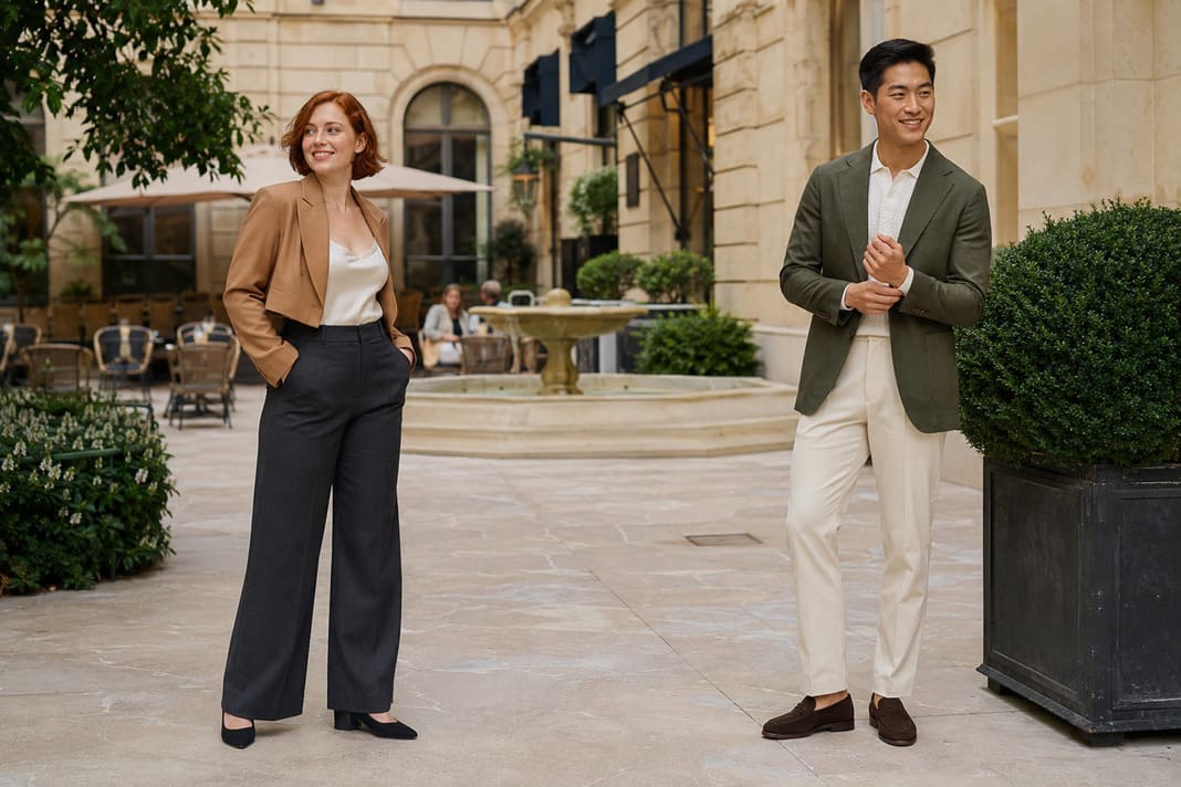 Men's sage-green blazer paired with cream trousers demonstrates intentional colour contrast instead of a matching suit, while the woman's camel blazer and charcoal wide-leg trousers show modern tailored separates for smart casual dressing.