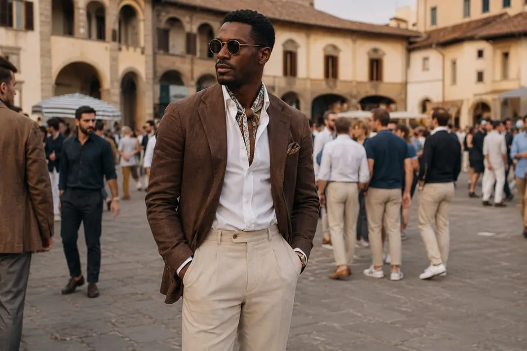 Man wearing a chocolate brown linen blazer with a white open-collar shirt, cream pleated trousers, brown leather belt and dark sunglasses in classic Pitti Uomo style.