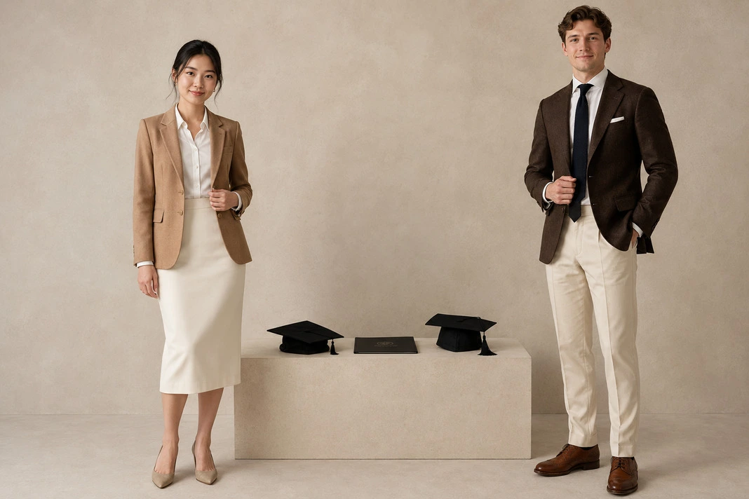 Graduation outfit inspiration with a men's dark brown blazer, white shirt and cream trousers paired with a women's camel blazer, ivory fitted dress and elegant graduation styling. Graduation outfit inspiration with a men's dark brown blazer, white shirt and cream trousers paired with a women's camel blazer, ivory fitted dress and elegant graduation styling.