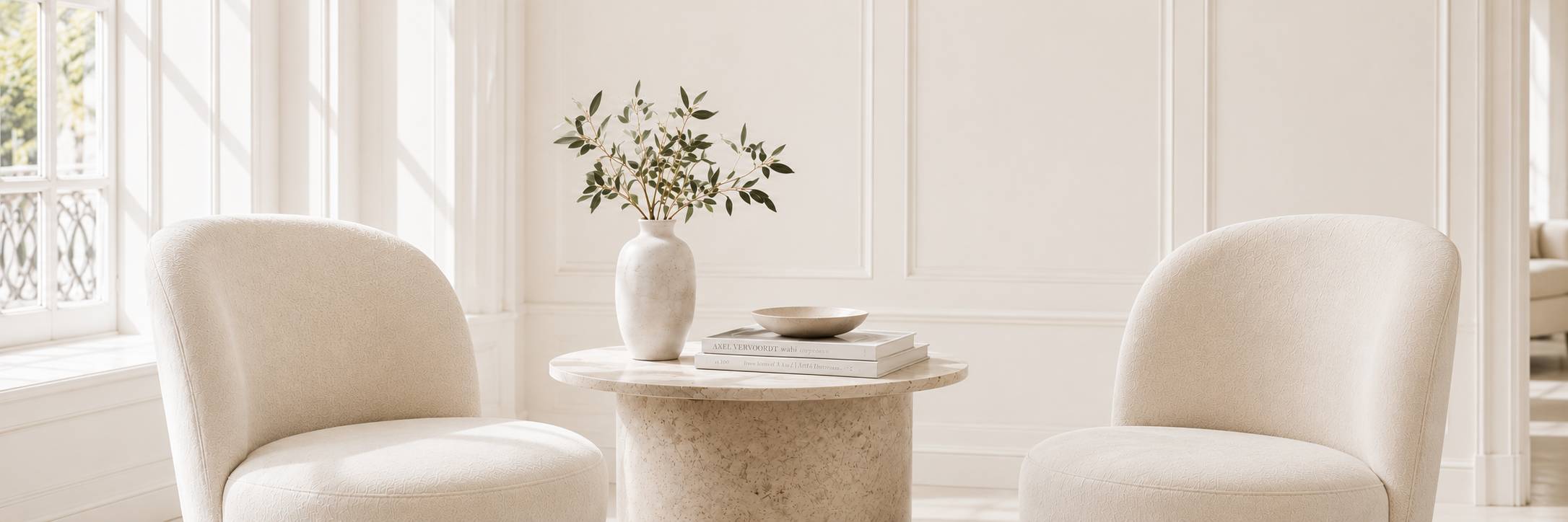 Two tailored jackets draped over separate chairs in a bright, elegant consultation room