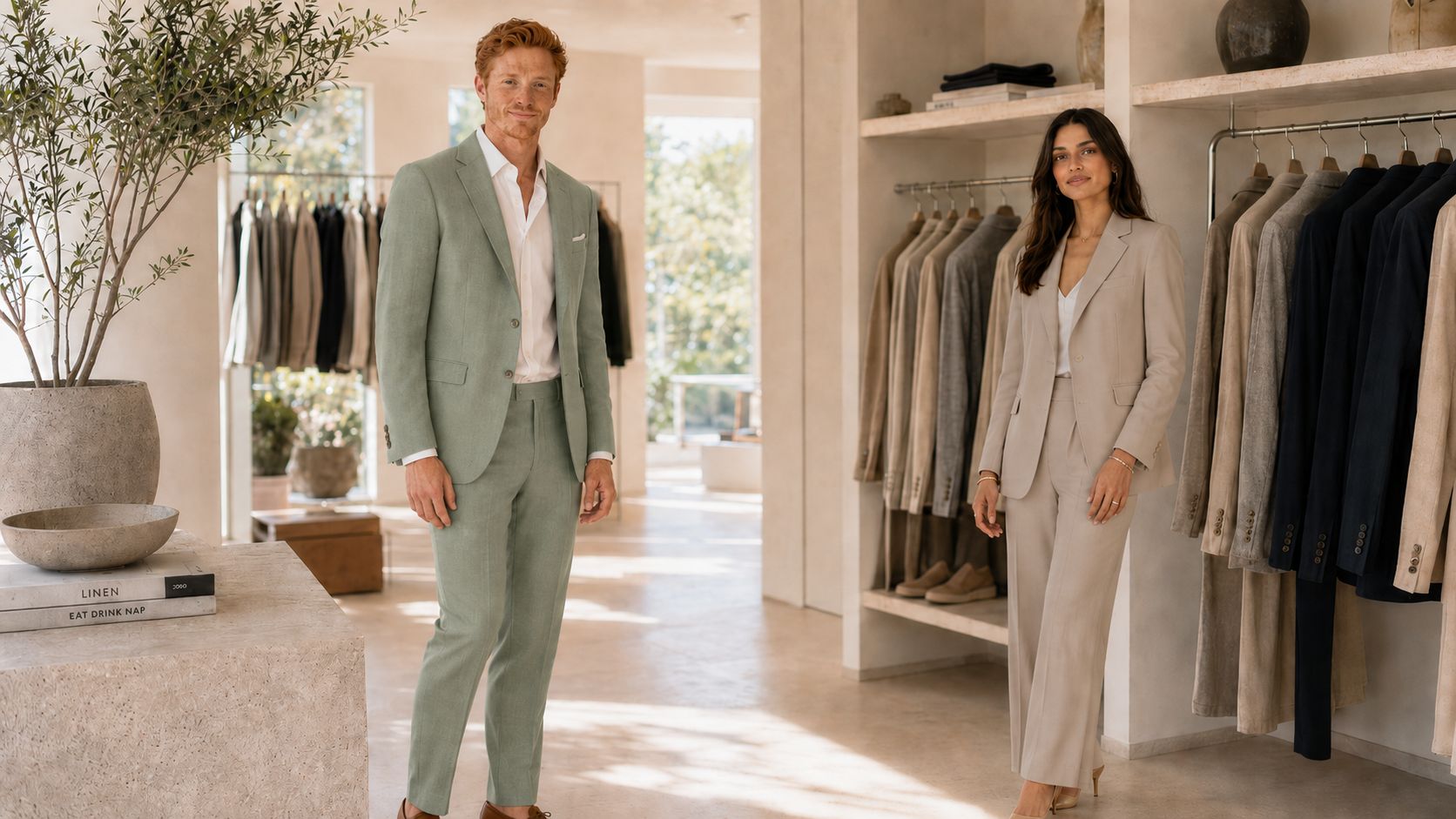 Man and woman wearing bespoke Fielding and Nicholson tailoring