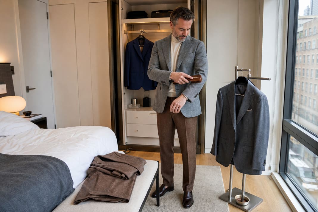 A light grey blazer paired with brown tailored trousers demonstrates how pieces from a three suit wardrobe can be mixed into smart separates for professional and business casual dressing. A light grey blazer paired with brown tailored trousers demonstrates how pieces from a three suit wardrobe can be mixed into smart separates for professional and business casual dressing.