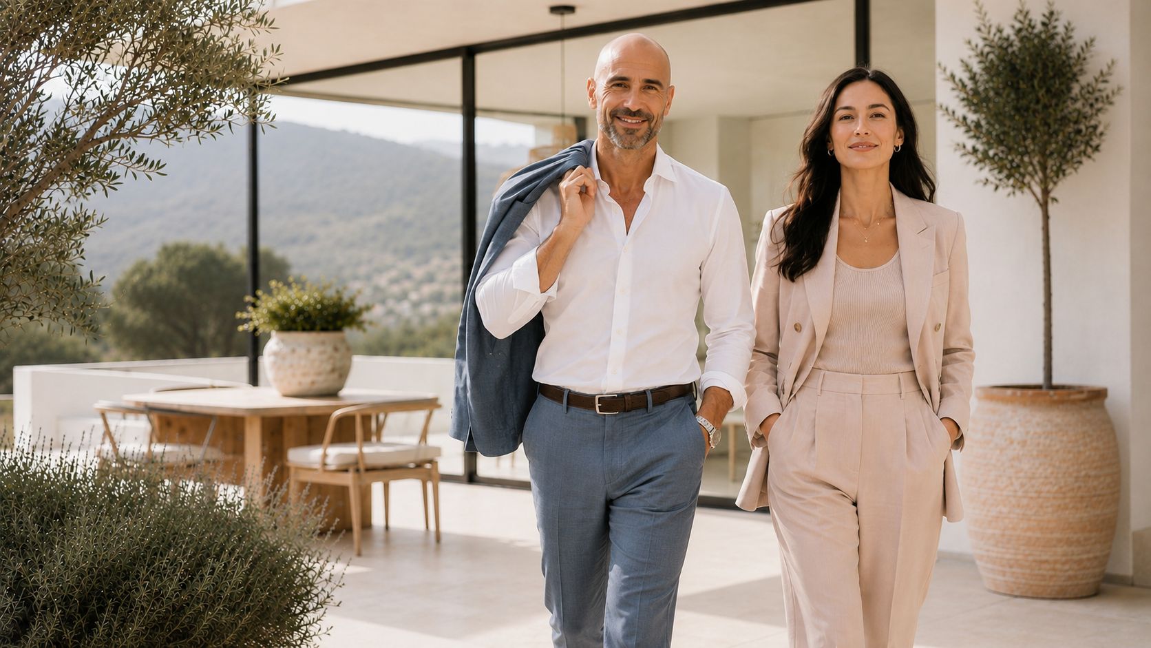 Man and woman wearing complementary light tailored suits in a bright clothing studio