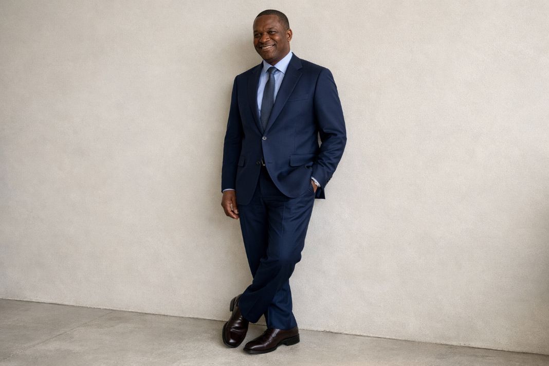 Illustrative Image - Classic Navy Suit Outfit for Men in a Minimal Luxury Interior