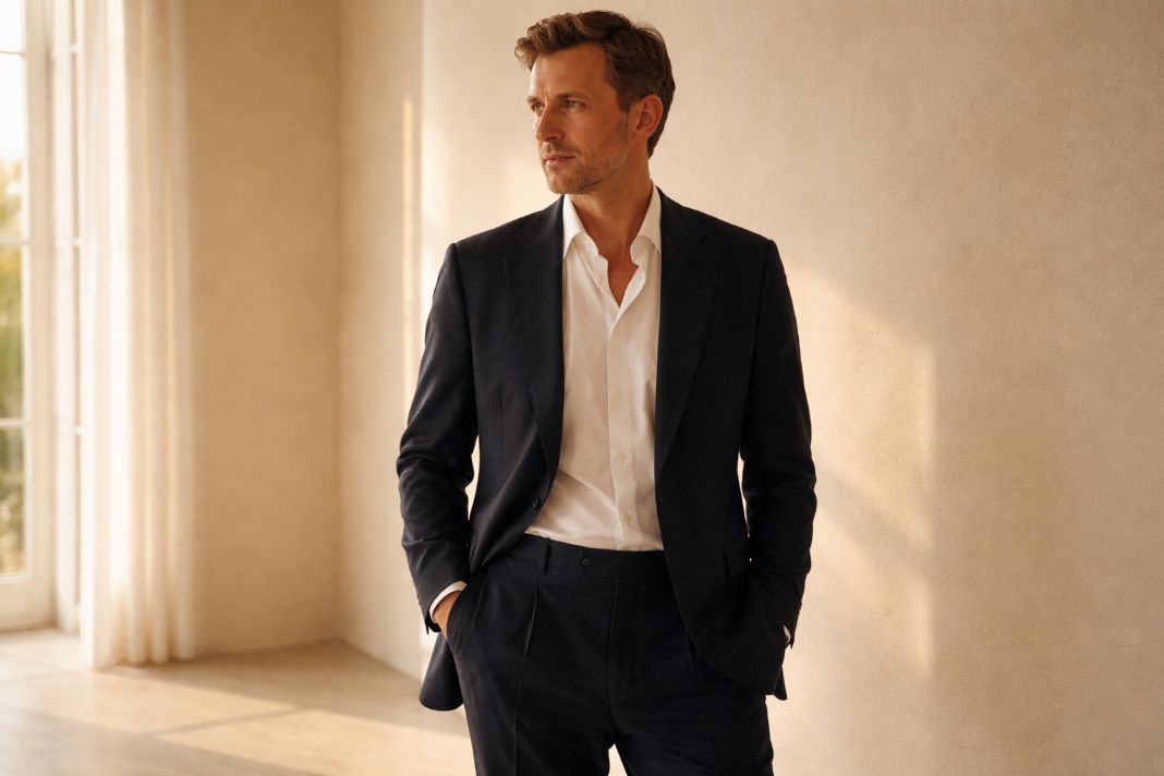 Illustrative Image - Man in Dark Navy Suit in Warm Summer Interior
