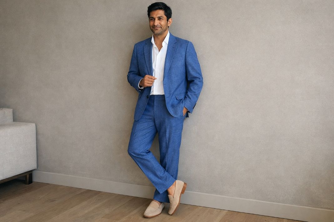 Illustrative Image - Man modelling a light blue summer suit in a minimal luxury interior