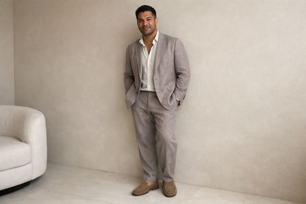 Illustrative Image - Man wearing a breathable light taupe linen summer suit in a minimalist interior