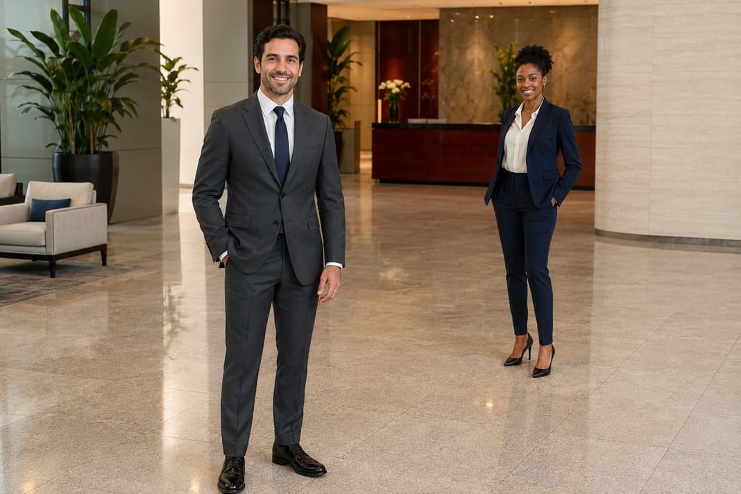 A men's charcoal matching suit demonstrates traditional formal tailoring, while the woman wears a navy blazer with contrasting trousers, highlighting when blazer separates work instead of a fully matching suit.