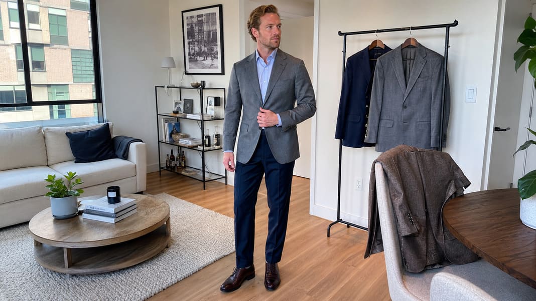 A blue/grey tailored suit jacked paired with a light blue shirt and classic navy trousers showcases a cornerstone of a three suit wardrobe, providing timeless business attire that can be dressed up for formal events or styled separately. A blue/grey tailored suit jacked paired with a light blue shirt and classic navy trousers showcases a cornerstone of a three suit wardrobe, providing timeless business attire that can be dressed up for formal events or styled separately.