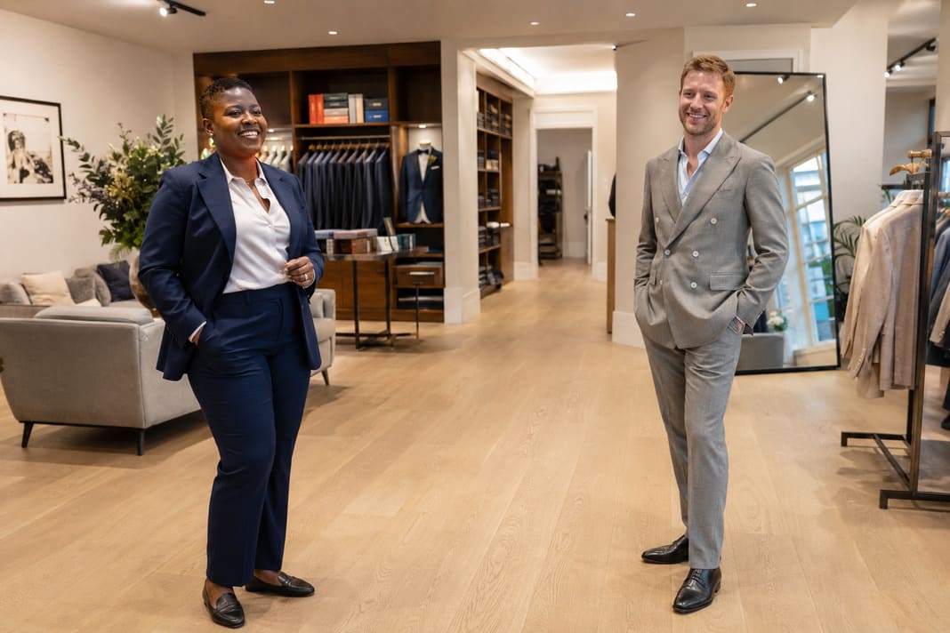 A navy tailored trouser suit and a light grey checked suit demonstrate bespoke businesswear created for different clients, highlighting inclusive tailoring through personalised fits, diverse styling choices and clothing that reflects individual confidence.