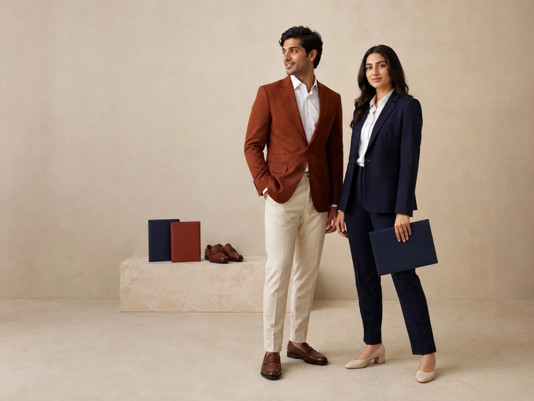 Graduation clothing with a men's rust blazer, cream trousers and brown loafers paired with a women's navy tailored skirt suit and ivory blouse. Graduation clothing with a men's rust blazer, cream trousers and brown loafers paired with a women's navy tailored skirt suit and ivory blouse.