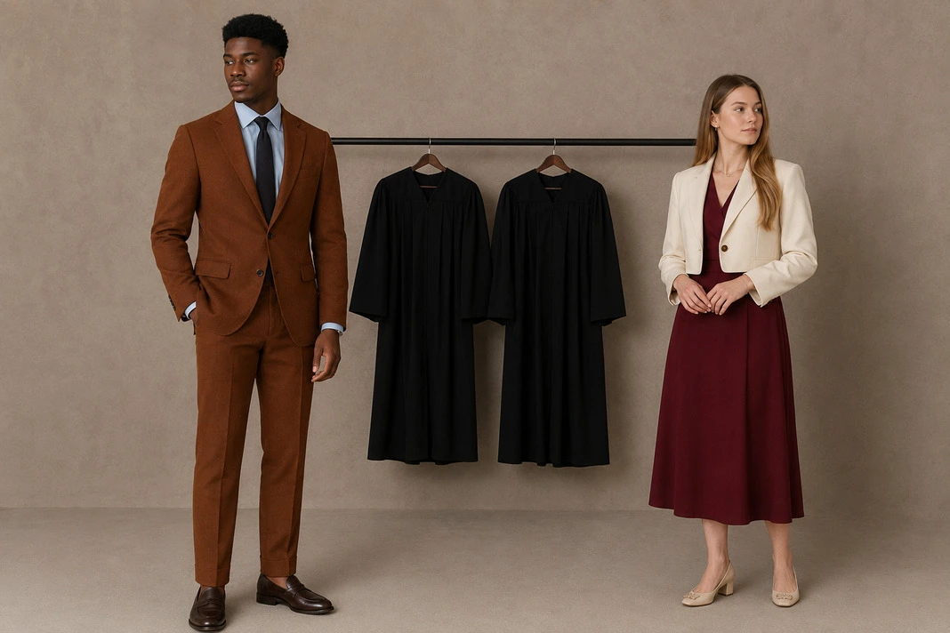 Graduation formalwear featuring a men's rust tailored suit with white shirt and brown shoes alongside a women's ivory blazer, burgundy midi skirt and coordinating graduation-ready separates.