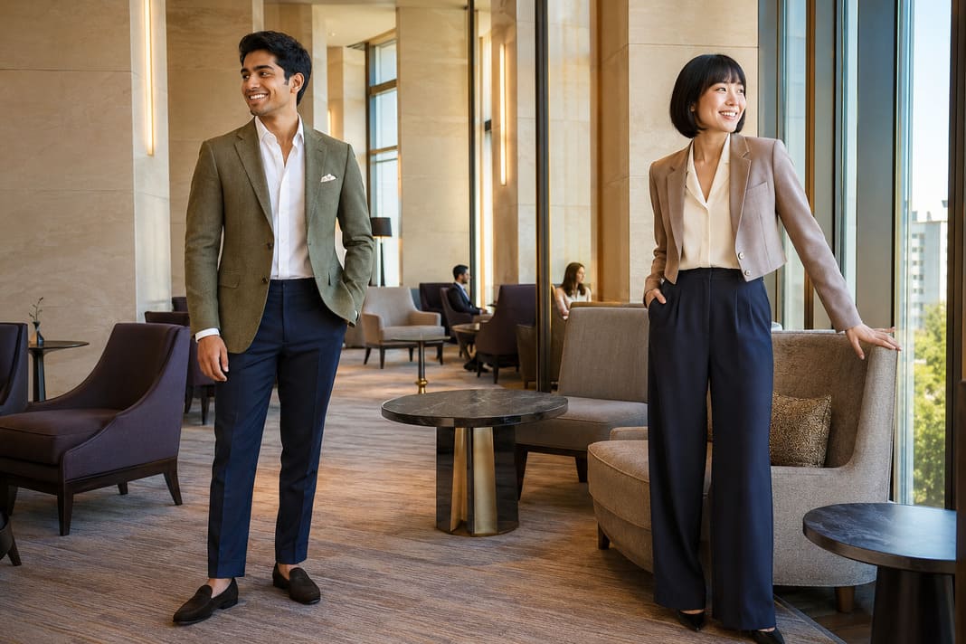 Men's olive blazer with navy trousers illustrates how blazers work without matching trousers, while the woman's ivory blouse and wide-leg navy trousers with a coordinating blazer create a polished smart casual tailored outfit.