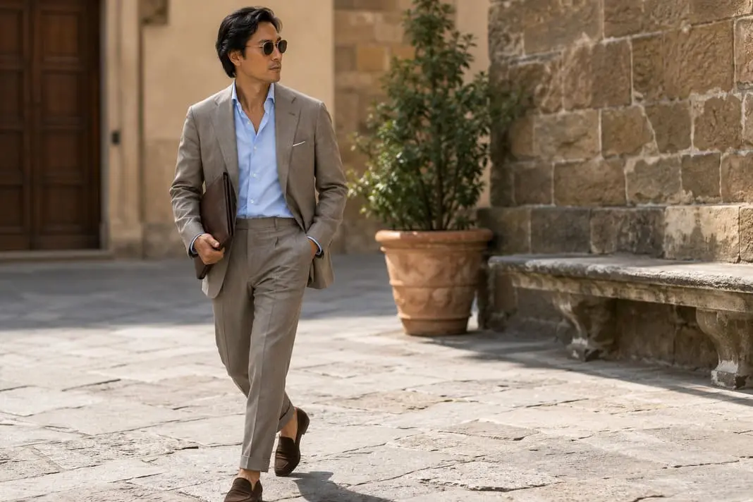 Stylish man wearing a taupe lightweight tailored suit with a pale blue open-collar shirt, brown leather loafers and relaxed soft tailoring inspired by Pitti Uomo menswear.