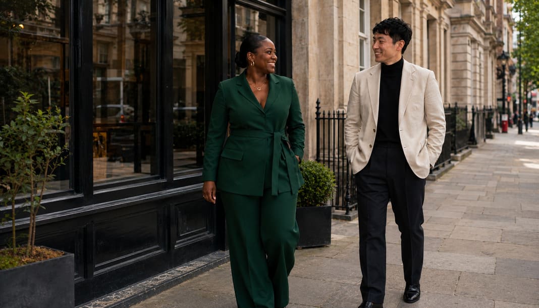 A woman wears a structured forest-green trouser suit while a man pairs an ivory blazer with black tailored trousers, illustrating inclusive bespoke tailoring with personalised silhouettes, contrasting styles and clothing designed to suit different wearers.