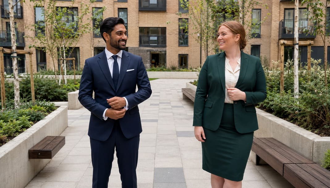 A navy tailored suit and a forest-green skirt suit demonstrate the quality, structure and individual fit that distinguish bespoke tailoring from made-to-measure garments for professional wardrobes. A navy tailored suit and a forest-green skirt suit demonstrate the quality, structure and individual fit that distinguish bespoke tailoring from made-to-measure garments for professional wardrobes.