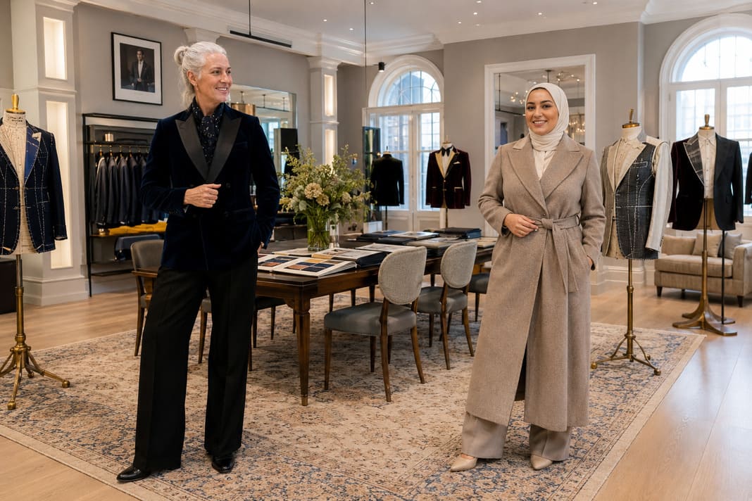 Bespoke tailoring for diverse clients featuring a in a classic black tailored suit and a woman wearing a flowing beige tailored outfit with a coordinating headscarf, showcasing personalised formalwear that accommodates modest styling, different ages and individual preferences.
