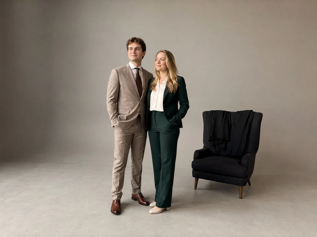 Graduation-ready formalwear featuring a men's warm taupe tailored suit with olive tie alongside a women's deep forest-green trouser suit with ivory blouse. Graduation-ready formalwear featuring a men's warm taupe tailored suit with olive tie alongside a women's deep forest-green trouser suit with ivory blouse.