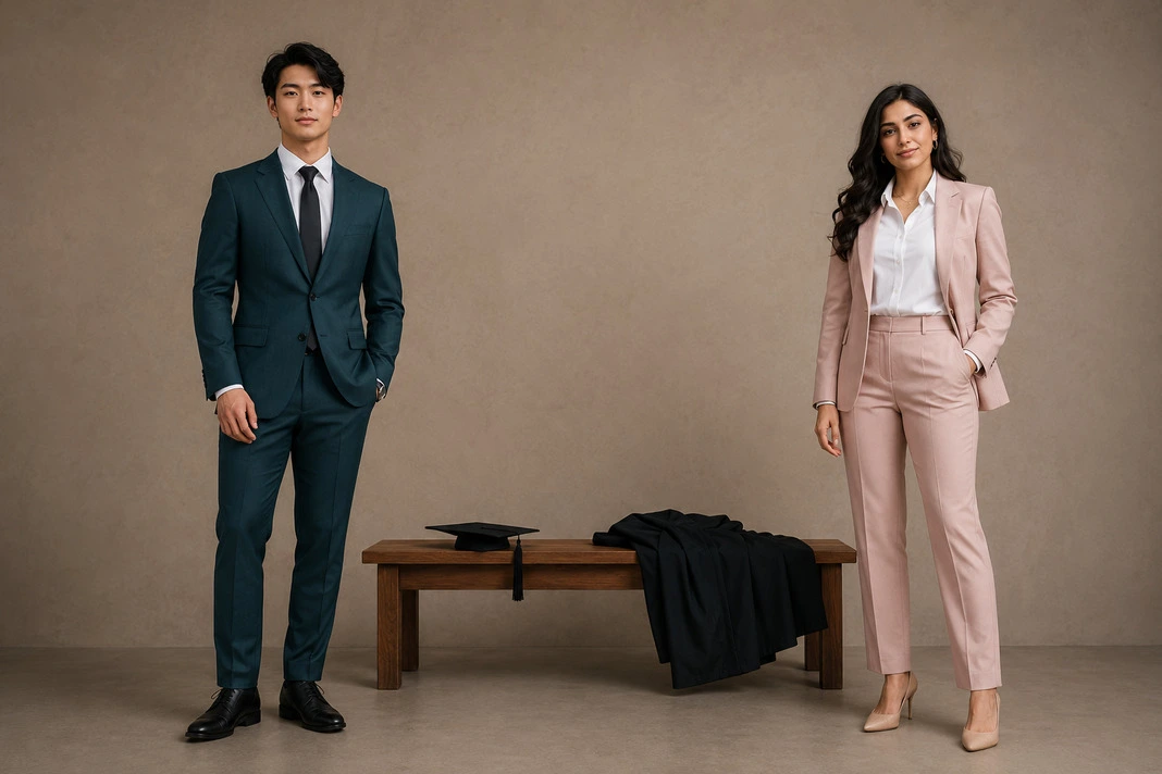 Graduation attire showcasing a men's teal tailored suit with tie alongside a women's blush pink trouser suit with coordinating blazer and formal graduation-ready styling. Graduation attire showcasing a men's teal tailored suit with tie alongside a women's blush pink trouser suit with coordinating blazer and formal graduation-ready styling.