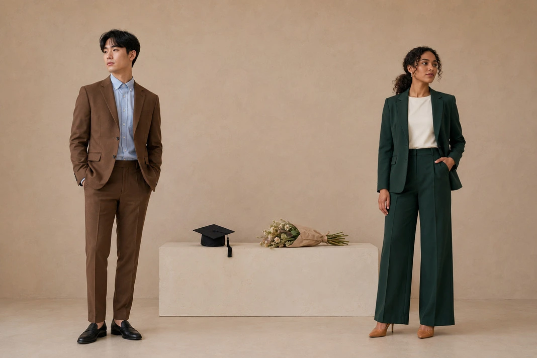 Graduation attire featuring a men's tobacco-brown suit with pale blue shirt alongside a women's forest-green wide-leg trouser suit and ivory shell top. Graduation attire featuring a men's tobacco-brown suit with pale blue shirt alongside a women's forest-green wide-leg trouser suit and ivory shell top.