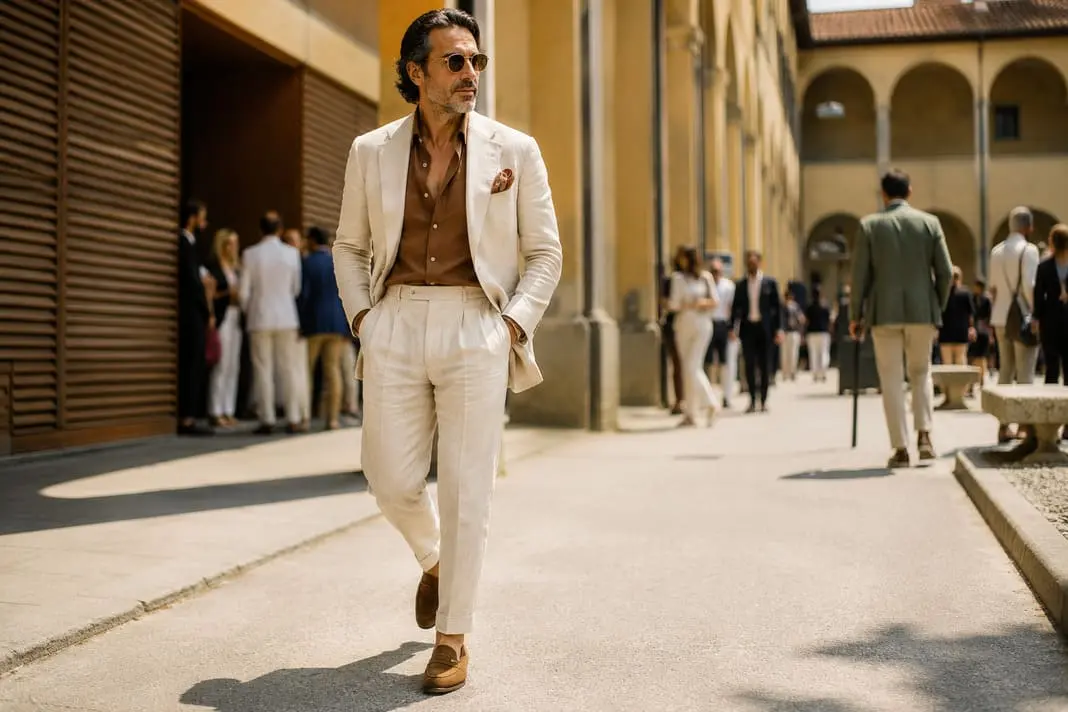 Man wearing a cream linen suit with a tobacco brown open-neck shirt, patterned silk pocket square and brown suede loafers, capturing timeless Pitti Uomo summer tailoring.