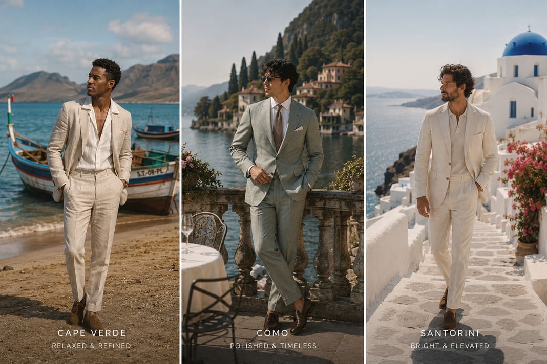 Three destination wedding tailoring looks for men in linen suits, styled for coastal and Mediterranean settings