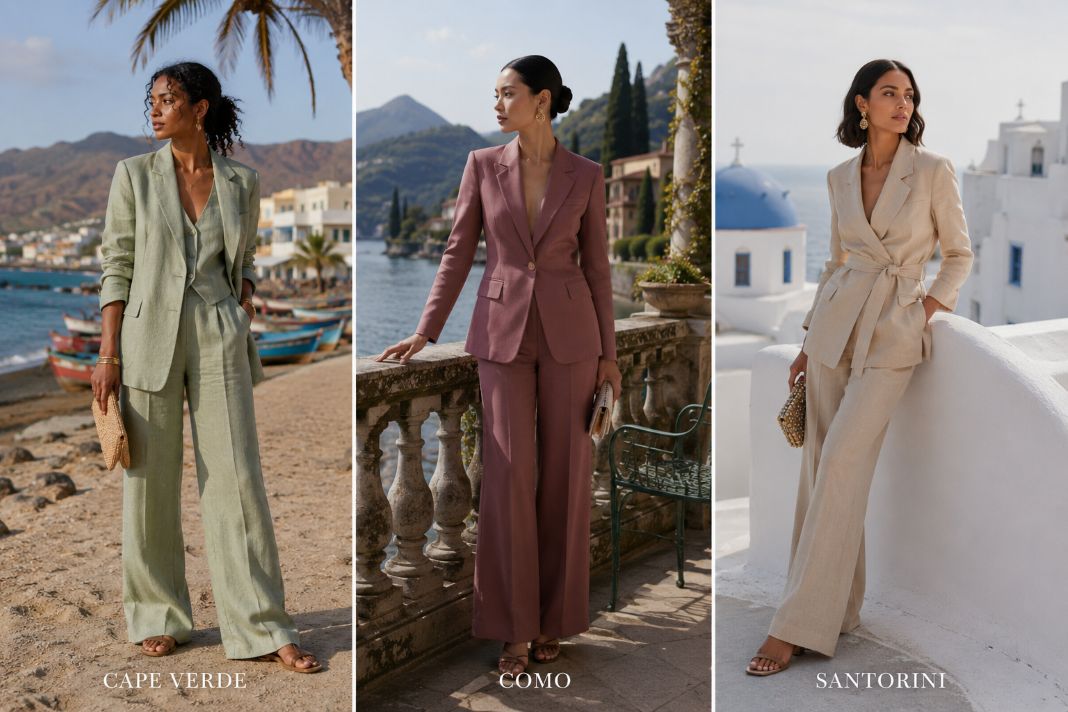 Three destination wedding tailoring looks for women in linen suits, styled for coastal and Mediterranean settings