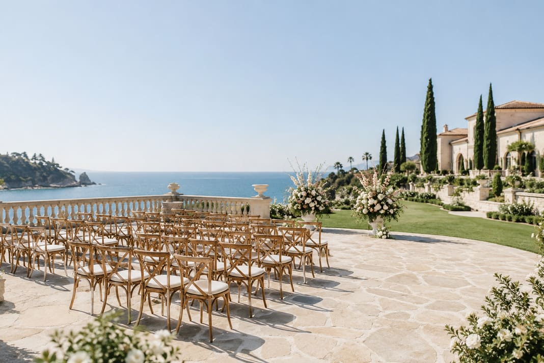 Empty outdoor wedding ceremony with wooden chairs set on a lawn overlooking a lake and hillside