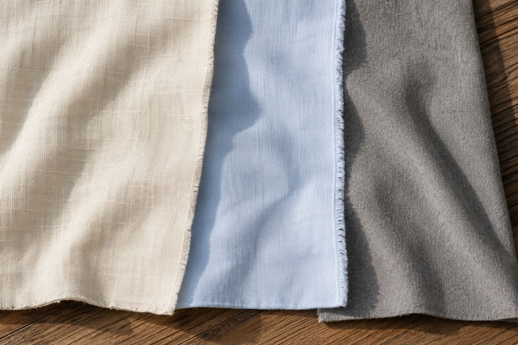 Close-up of cream linen and pale blue cotton fabric swatches for summer wedding tailoring