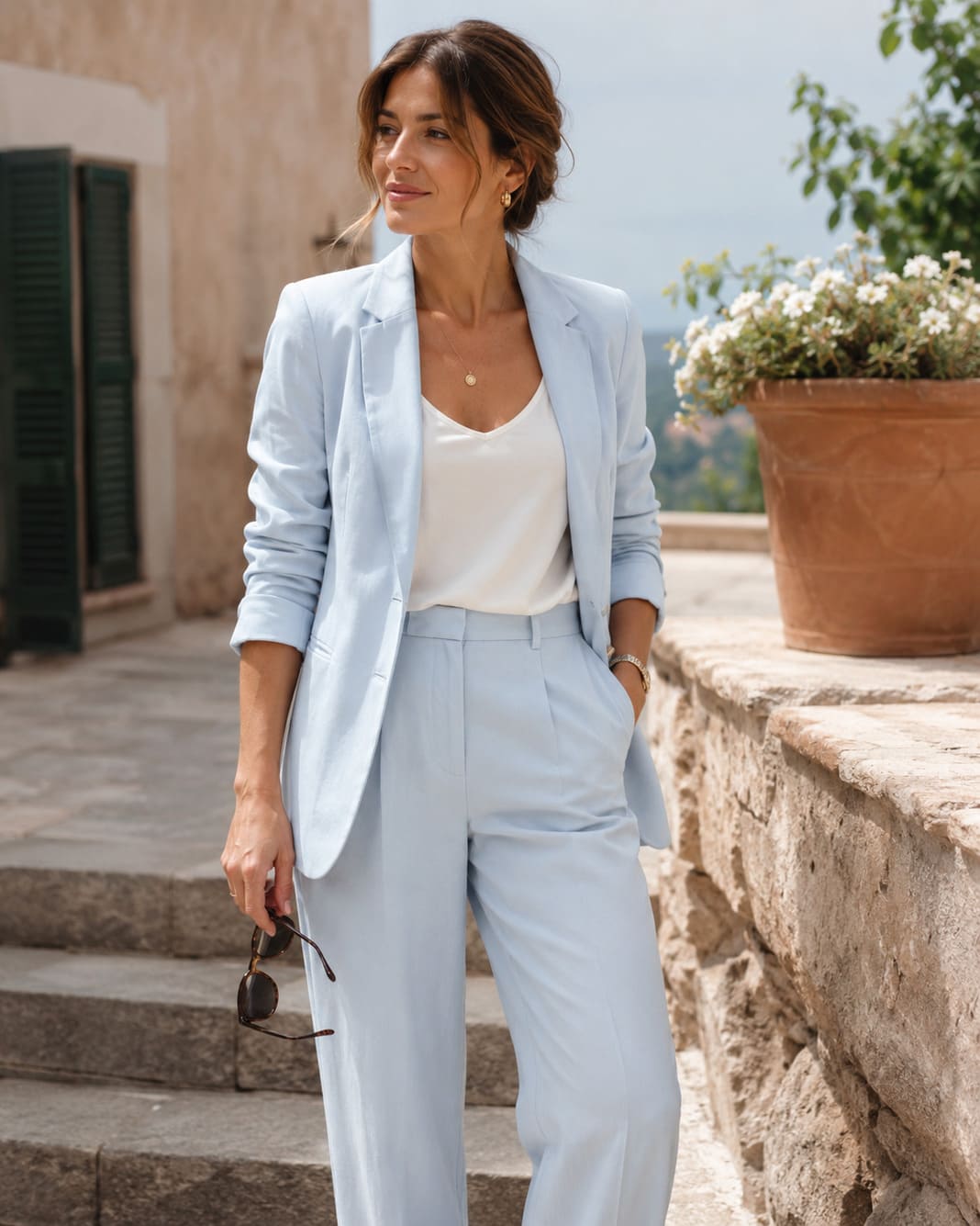 Woman wearing a pale blue linen trouser suit at a Mediterranean outdoor wedding venue