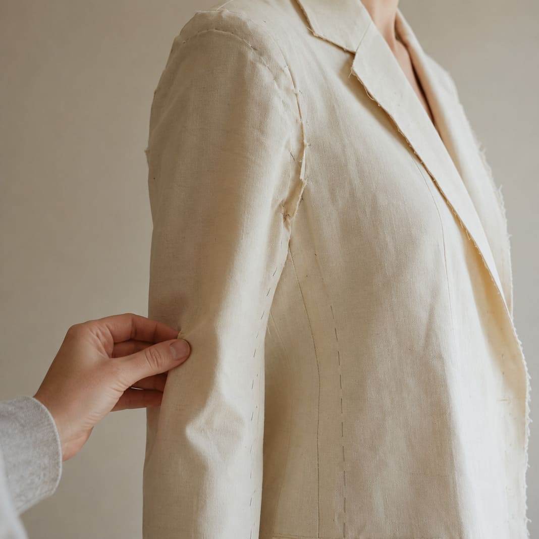 Baste fitting stage of a bespoke suit before final construction.