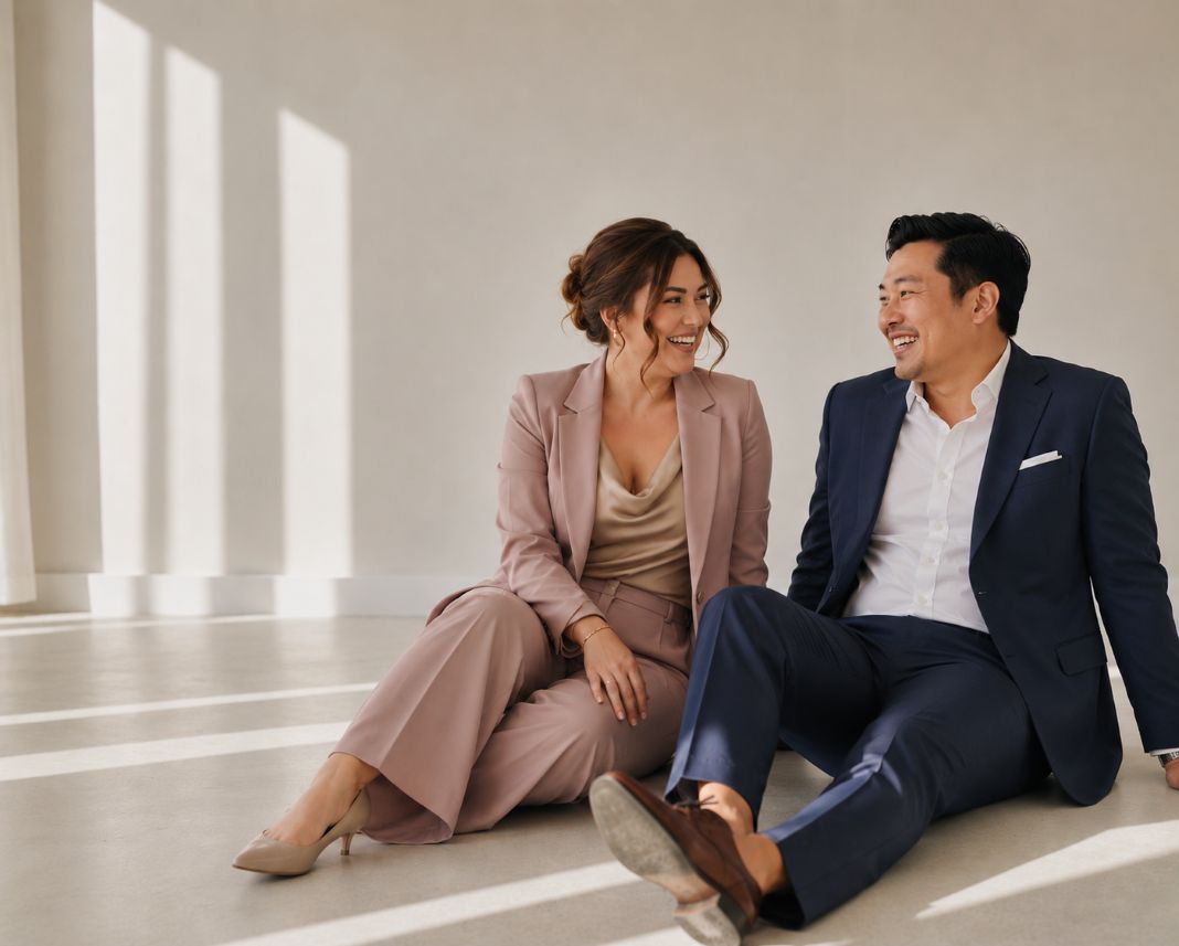 A photo of two happy people wearing made to measure tailored clothing