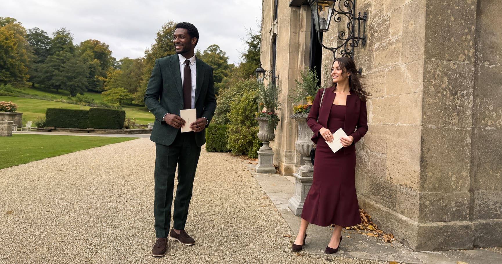Man wearing dark suit and woman wearing burgundy tailoring stand outside grand country house.