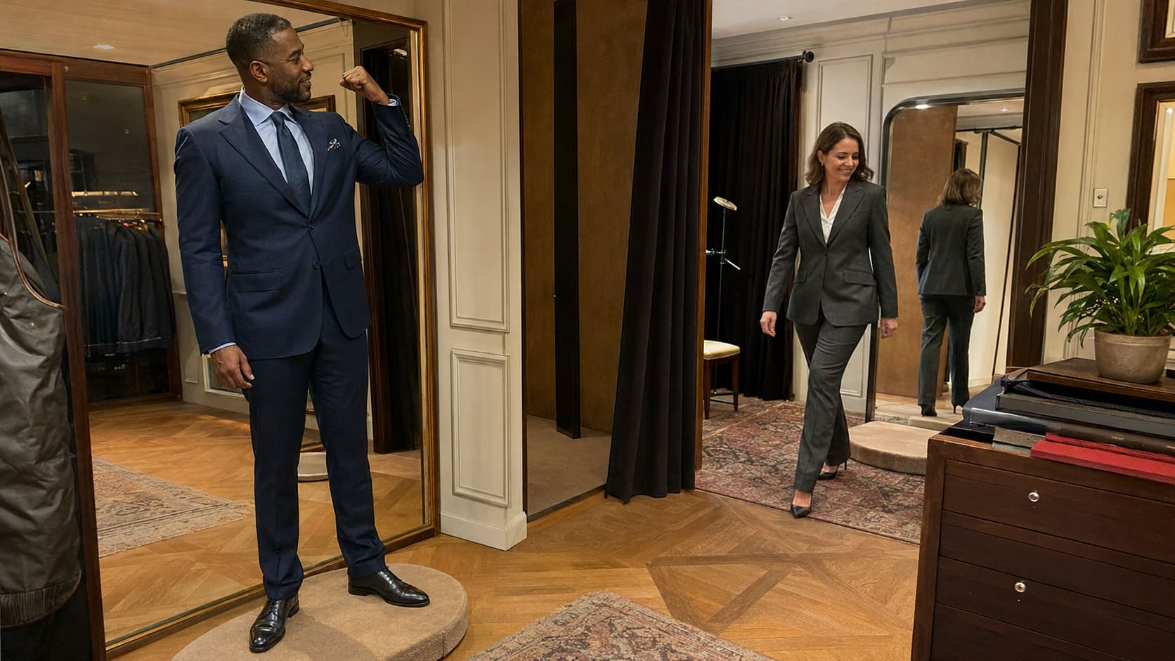 Man wearing navy tailoring stands beside woman in burgundy suit during a bespoke fitting. Man wearing navy tailoring stands beside woman in burgundy suit during a bespoke fitting.