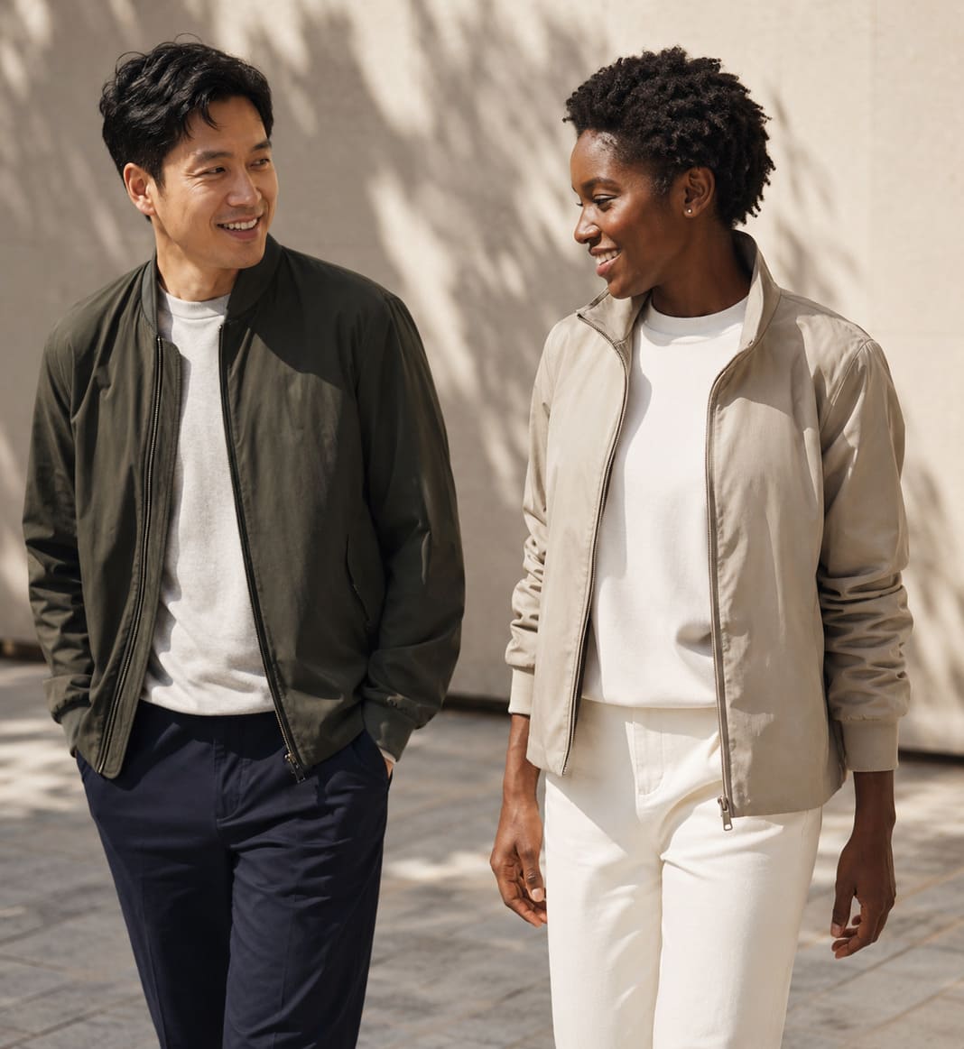 Men's olive casual jacket and women's cream casual jacket worn outside together