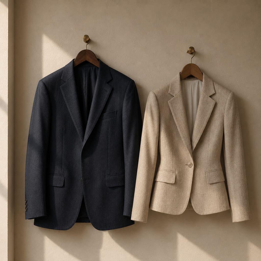Navy men's blazer and cream women's blazer hanging together on wooden hangers