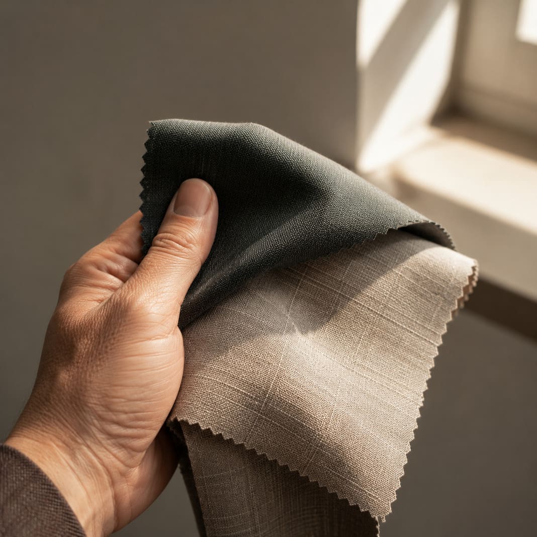 Suiting cloth swatches being shown for an Icon Collection garment