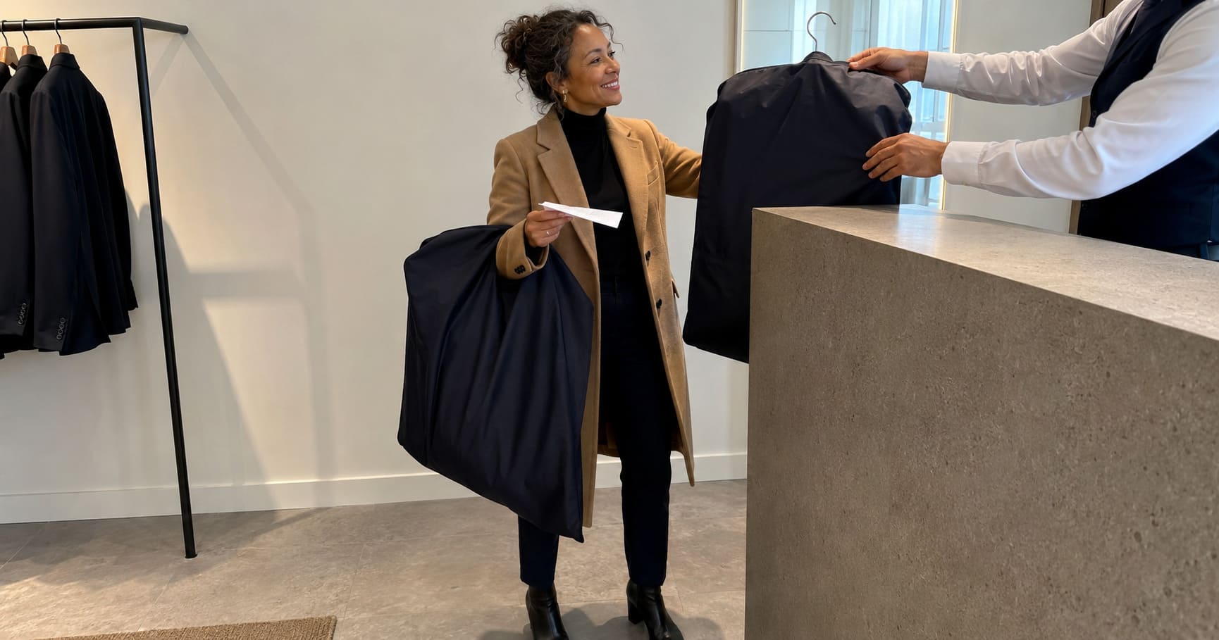 Woman wearing camel coat collects completed navy tailoring from a minimalist bespoke studio reception.