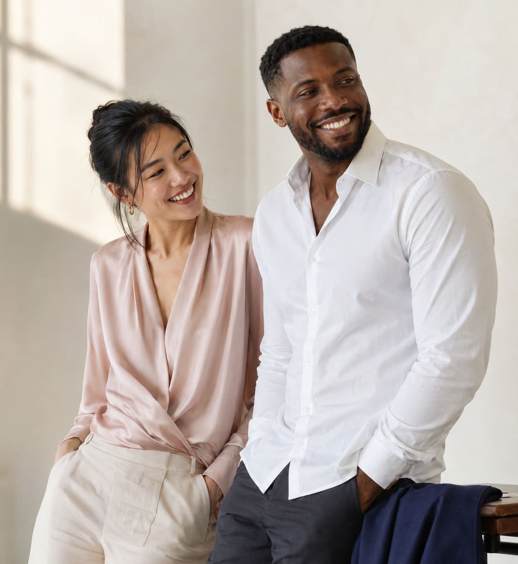 Women's blush blouse and men's white shirt worn together in soft light